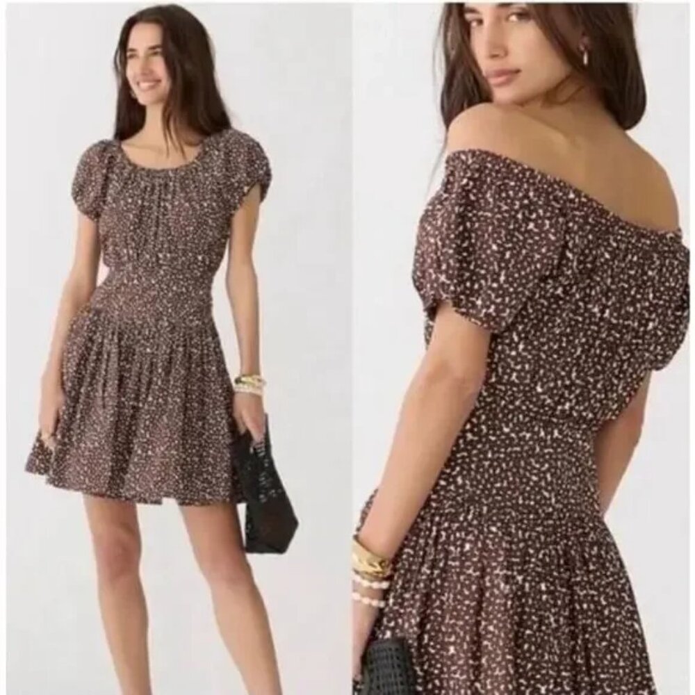 J Crew Mini Dress 14 Brown Floral Drop Waist Cotton Poplin BR400 Cottagecore NWT - Picture 11 of 15